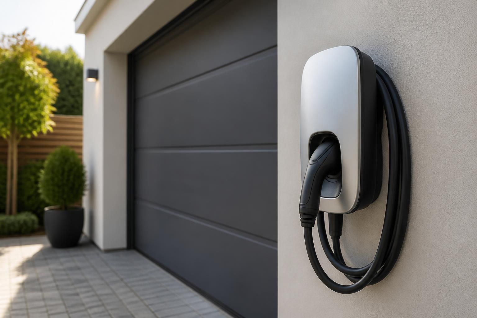 Wall-mounted EV charger installed beside a clean residential garage.