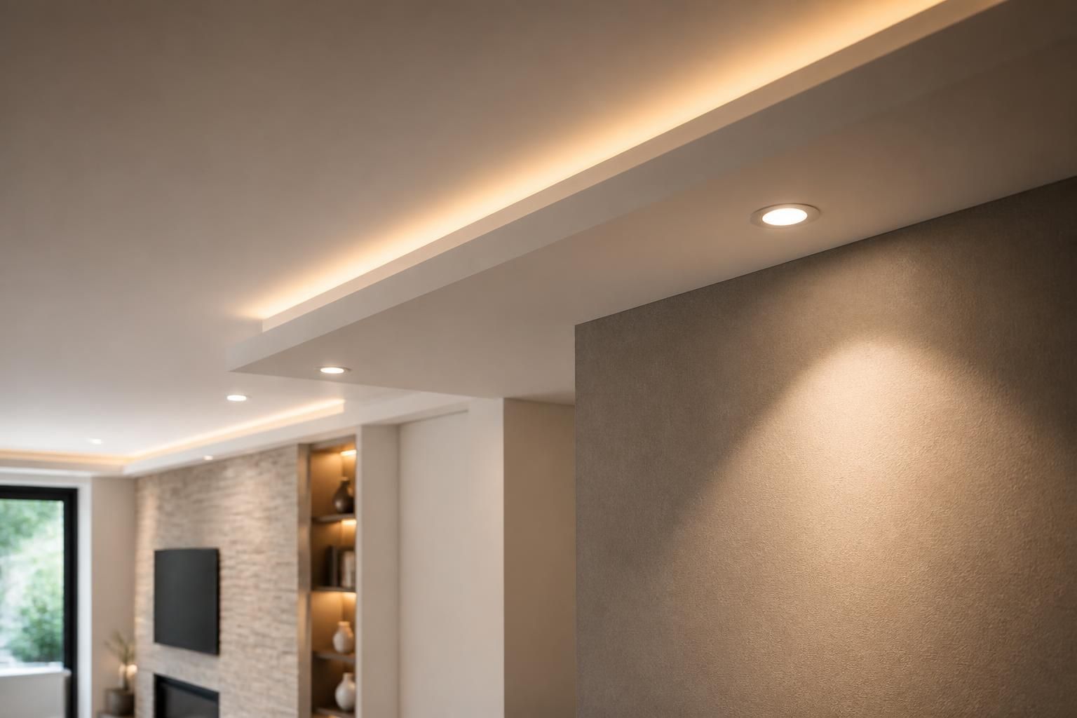 Finished indoor lighting with warm recessed lights in a modern home.