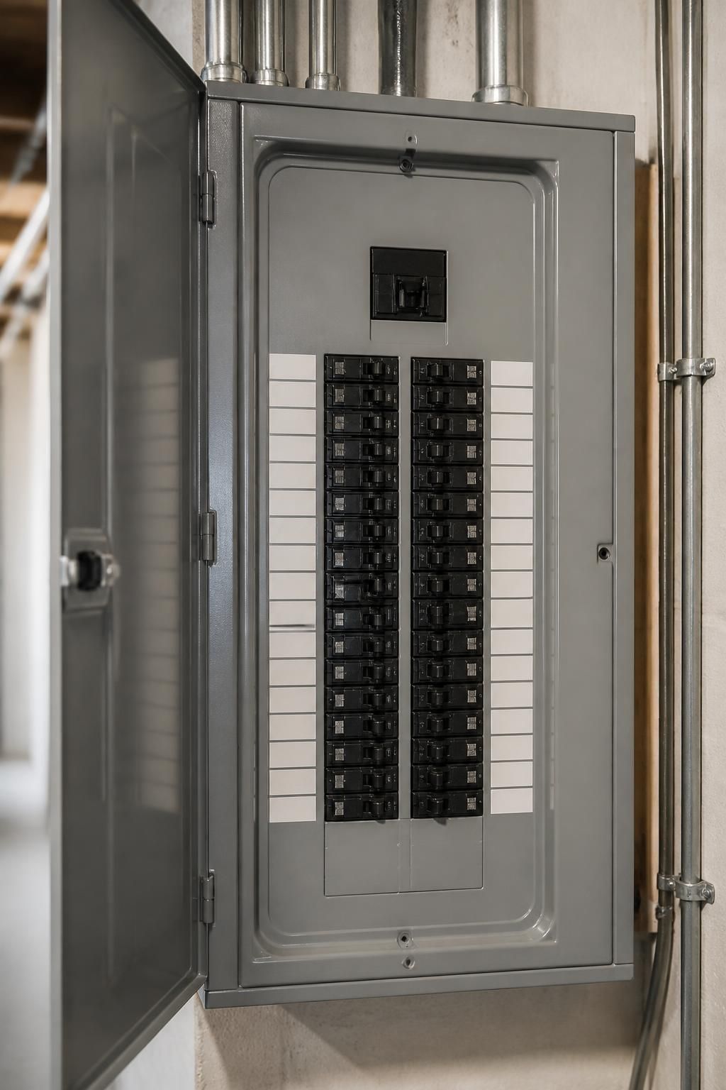 Finished electrical panel with neat, professional workmanship in a utility space.