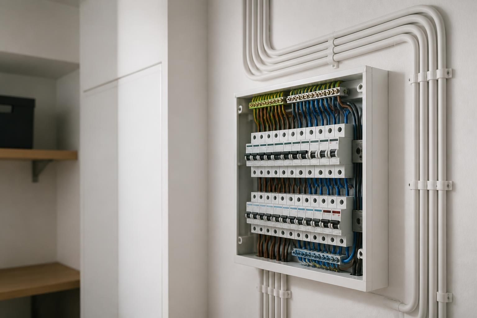 Neatly completed residential rewiring in a clean utility space.