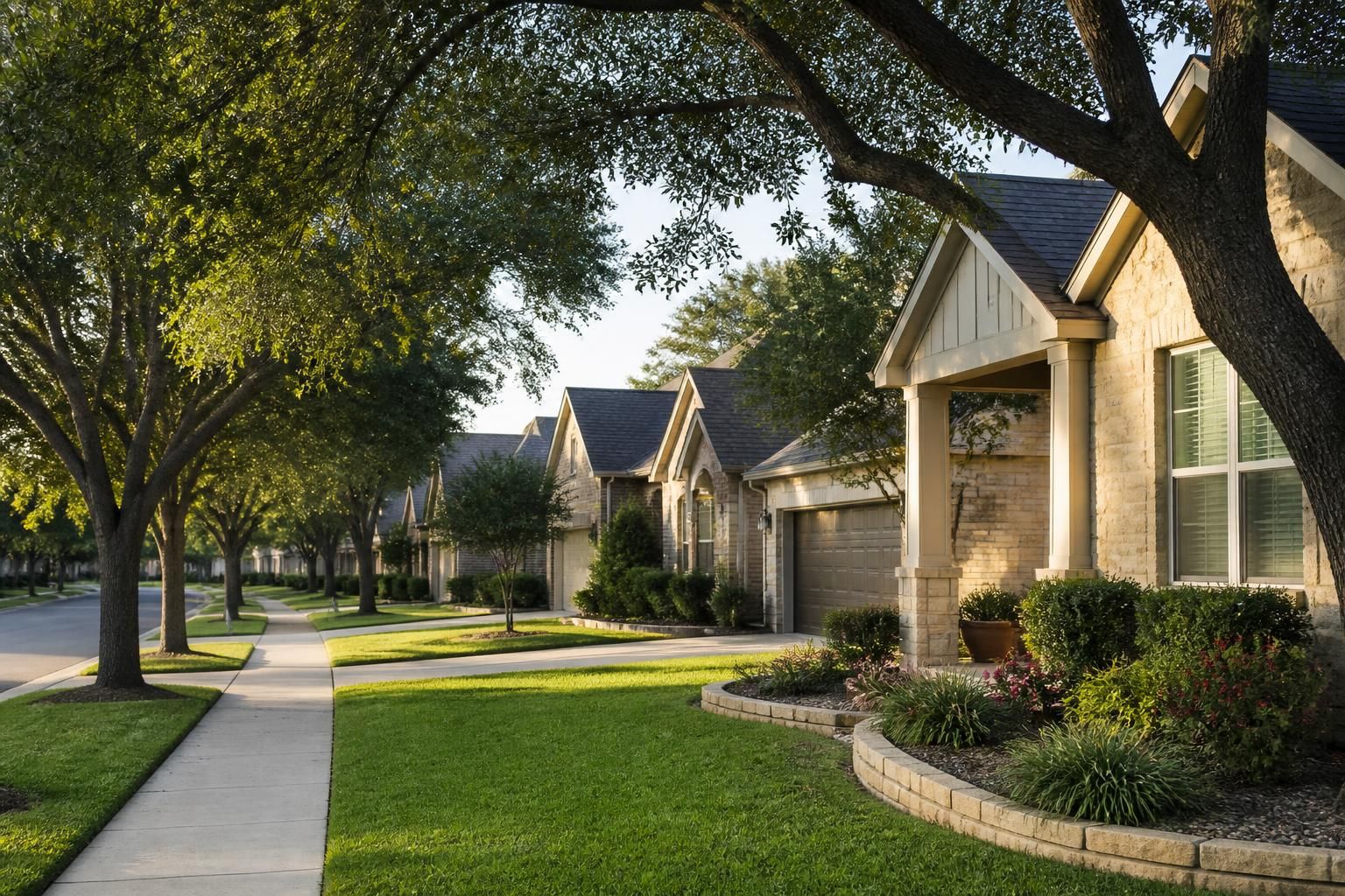 Welcoming neighborhood with tidy homes and mature trees in Round Rock.